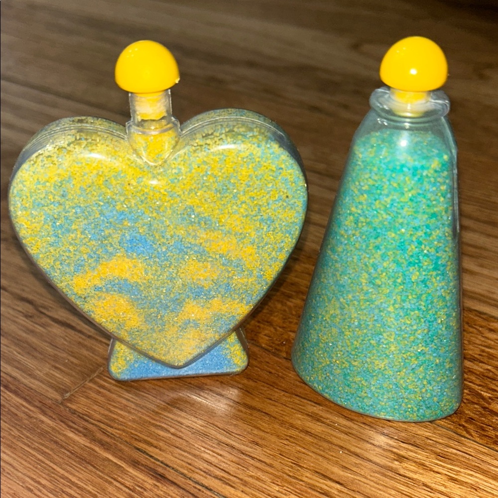 Blue and Yellow Colorful Sand Art Bottles - Heart and Cone Decor